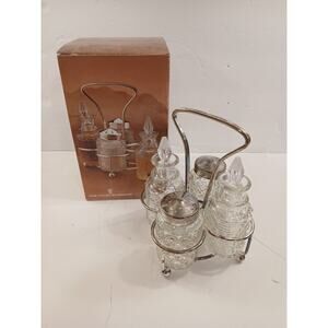 Vintage 4 Piece Crystal Cruet Set in Silver Caddy Salt Pepper Oil Vinegar